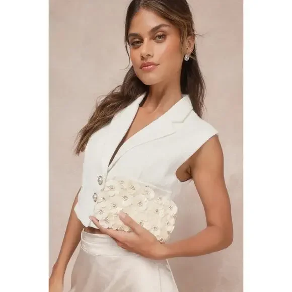 NWT Lulus Blooming Addition Ivory Sequin Rhinestone Box Clutch Bag - Picture 3 of 4
